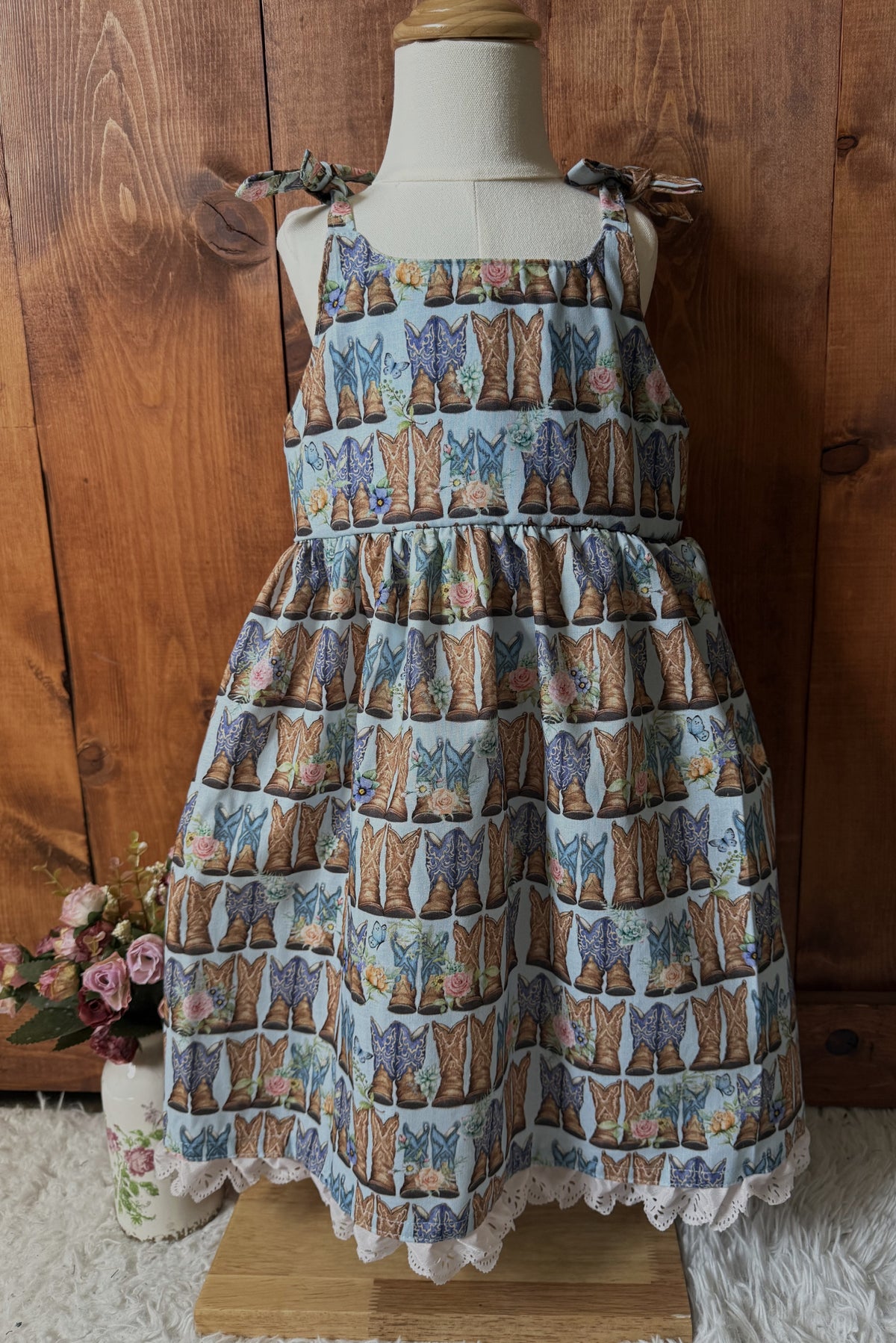 Girls and Toddlers COWGIRL BOOTS & BUTTERFIES Boho Style Sundress with Shoulder Ties
