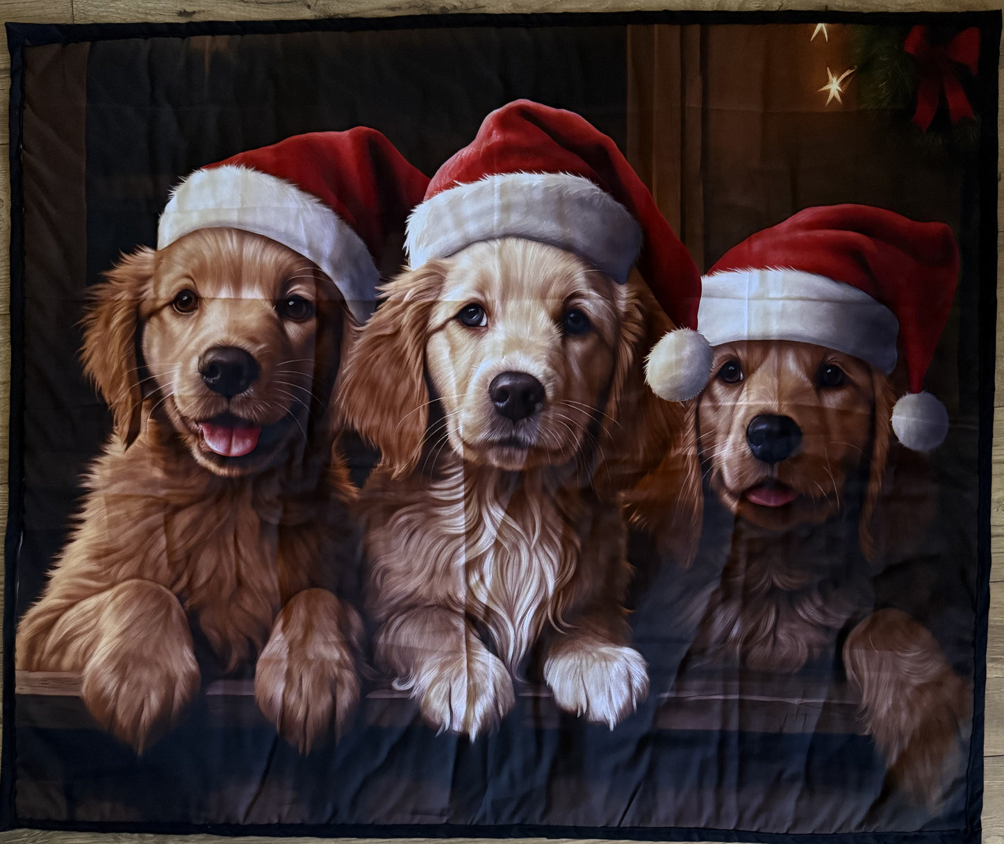 CHRISTMAS 3 GOLDEN RETRIEVER SANTA DOGS Quilted Blanket