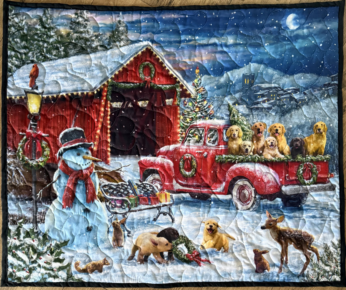 CHRISTMAS WINTER RED TRUCK PUPS OUTDOOR FUN Quilted Blanket