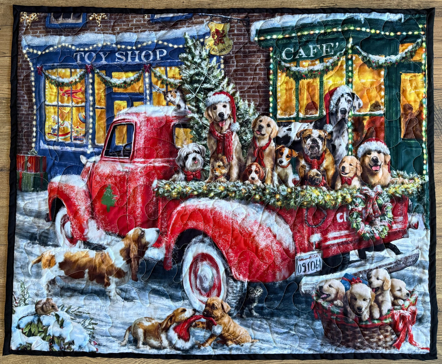 MERRY CHRISTMAS DOGS & CATS RED TRUCK RIDE QUILTED BLANKET