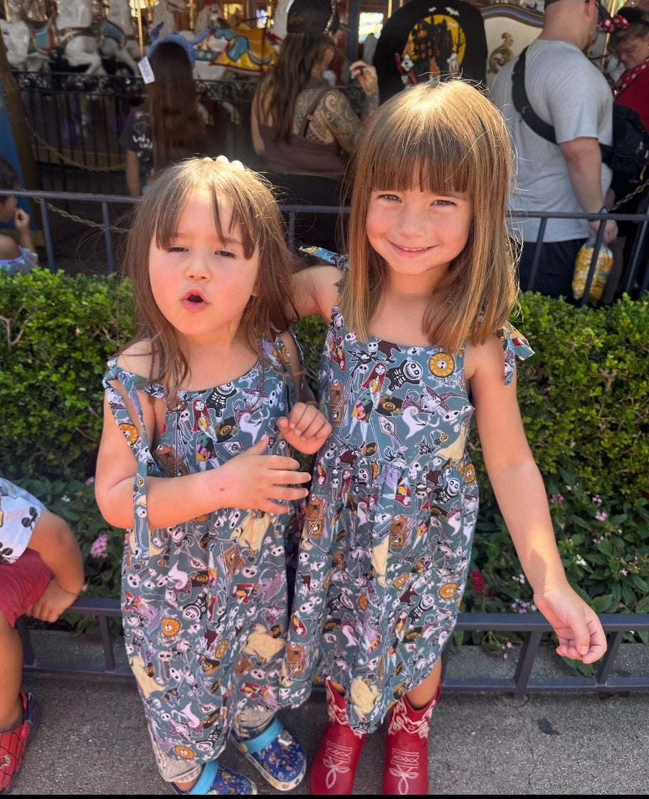 Girls and Toddlers NIGHTMARE BEFORE CHRISTMAS CHARACTERS JACK, SALLY, OOGIE BOOGIE Boho Style Sundress with Shoulder Ties