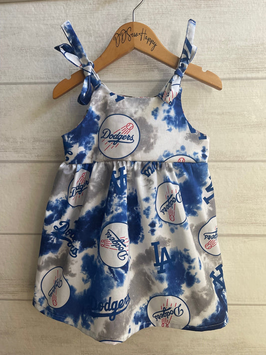 Girls and Toddlers LA DODGERS BLUE TIE DYE Boho Style Sundress with Shoulder Ties