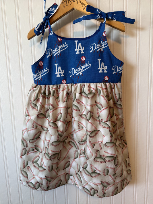 Girls and Toddlers LA DODGERS BLUE with BASEBALLS SKIRTED BOTTOM Boho Style Sundress with Shoulder Ties