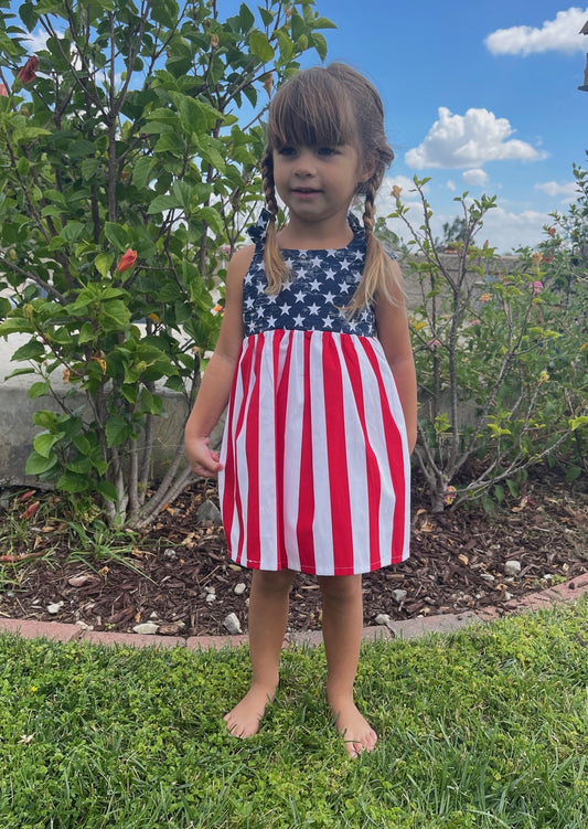 Girls and Toddlers PATRIOTIC USA STARS & STRIPES Boho Style Sundress with Shoulder Ties