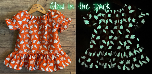 Girls Halloween Ghost *Glow in the Dark* orange dress with puffy short sleeves and bottom ruffle