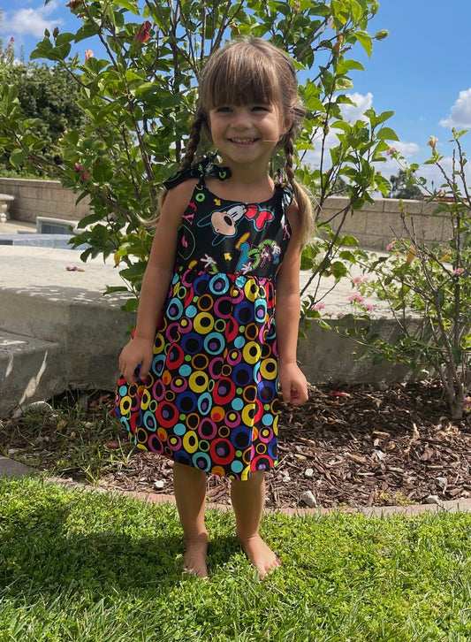 Girls and Toddlers GOOFY BEING GOOFY BRIGHT PRIMARY COLORS ON BLACK Boho Style Sundress