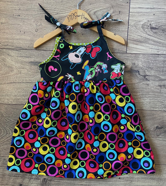 Girls and Toddlers DISNEY GOOFY BEING GOOFY BRIGHT PRIMARY COLORS ON BLACK Boho Style Sundress
