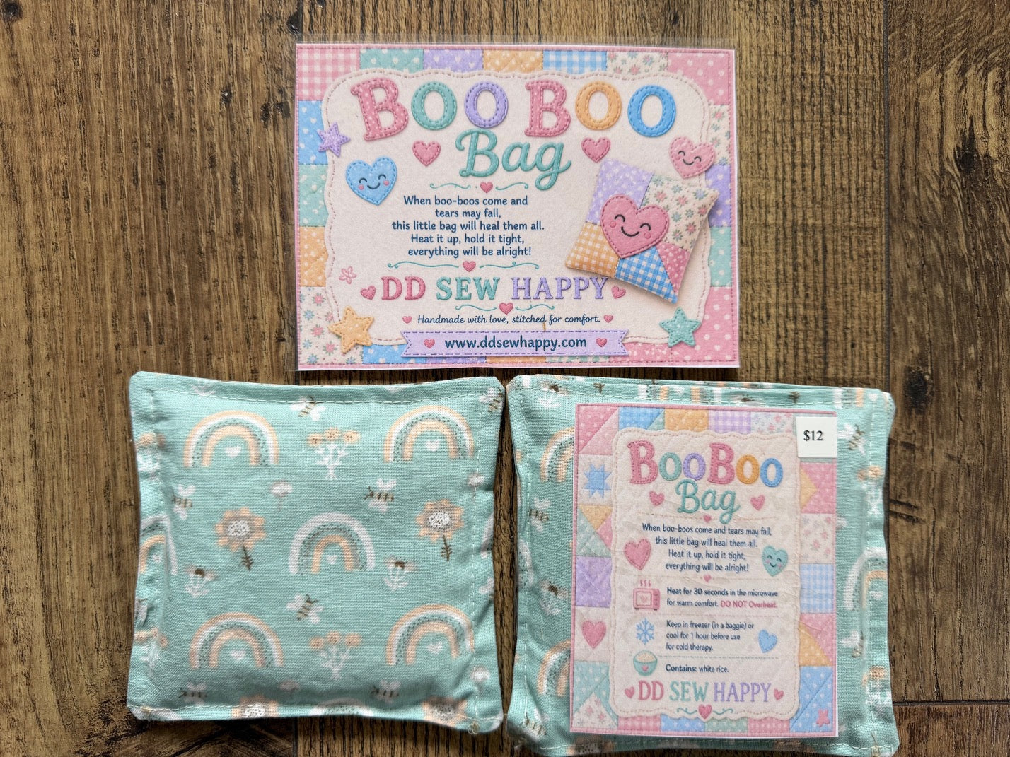 BOO BOO BAGS Hot & Cold Therapy Boho Rainbows & Hearts Mint Green Set of 2 bags
