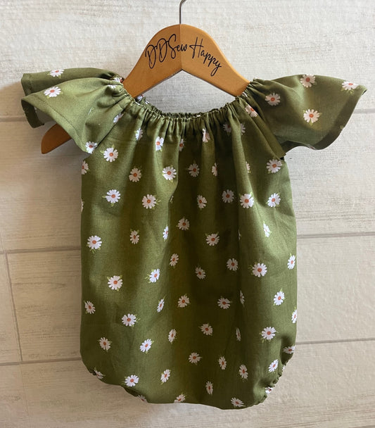 Infant & Toddler Girl's Boho FLORAL GREEN DAISY FLOWERS Style One Piece Romper Sunsuit