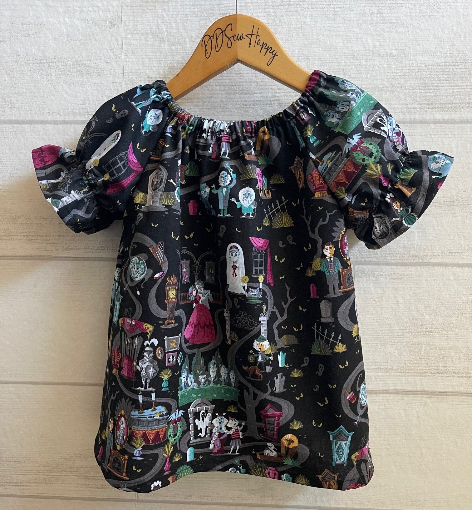 Girls Peasant Disney HAUNTED MANSION FABRIC Dress with puffy short sleeves 