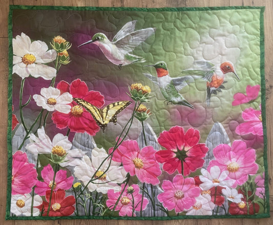 BEAUTIFUL FLORAL, HUMMINGBIRDS & BUTTERFLY GARDEN QUILTED BLANKET WALL HANGING