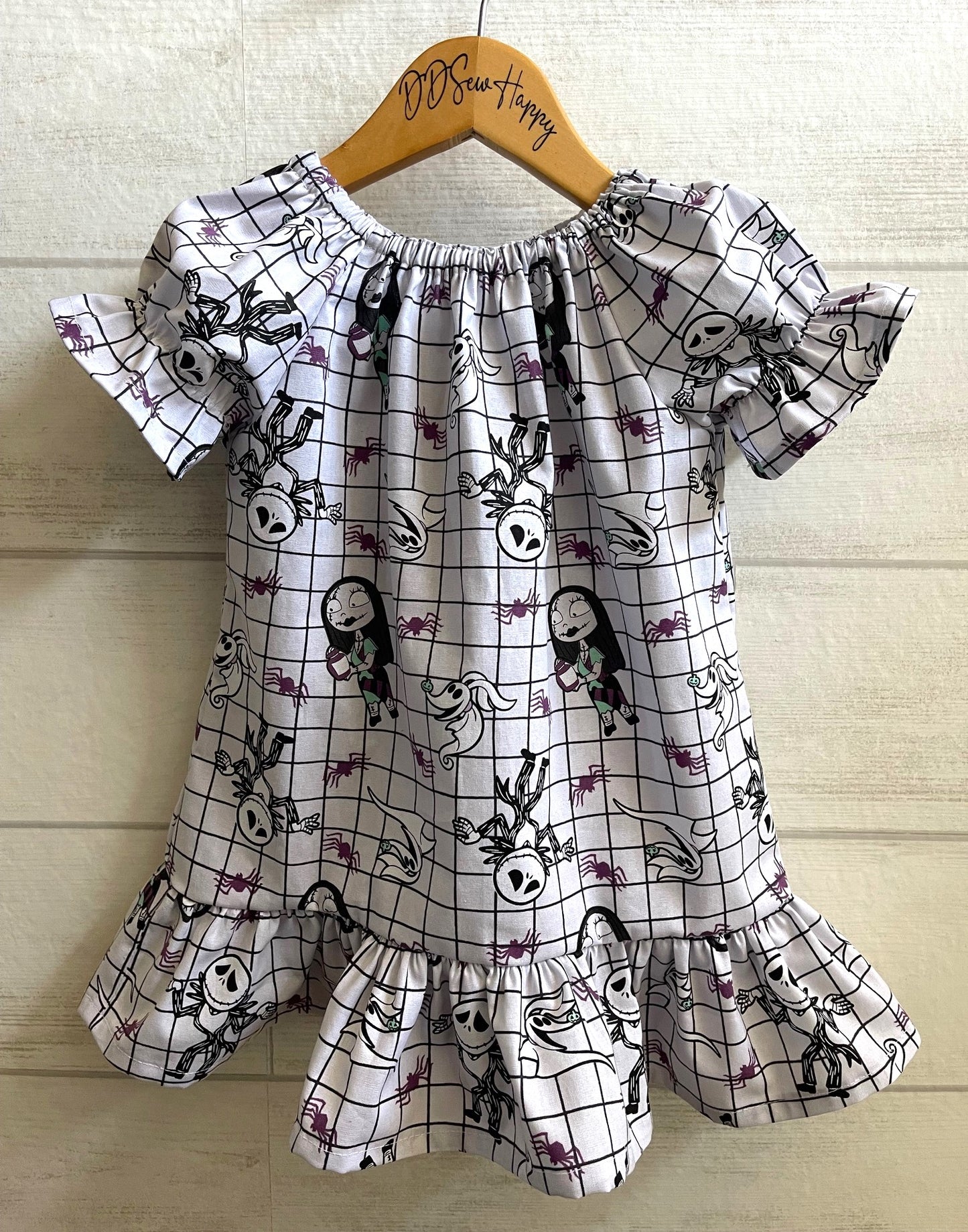 Girls Peasant Nightmare Before Christmas Jack Skellington Sally Dress with puffy short sleeves bottom ruffle