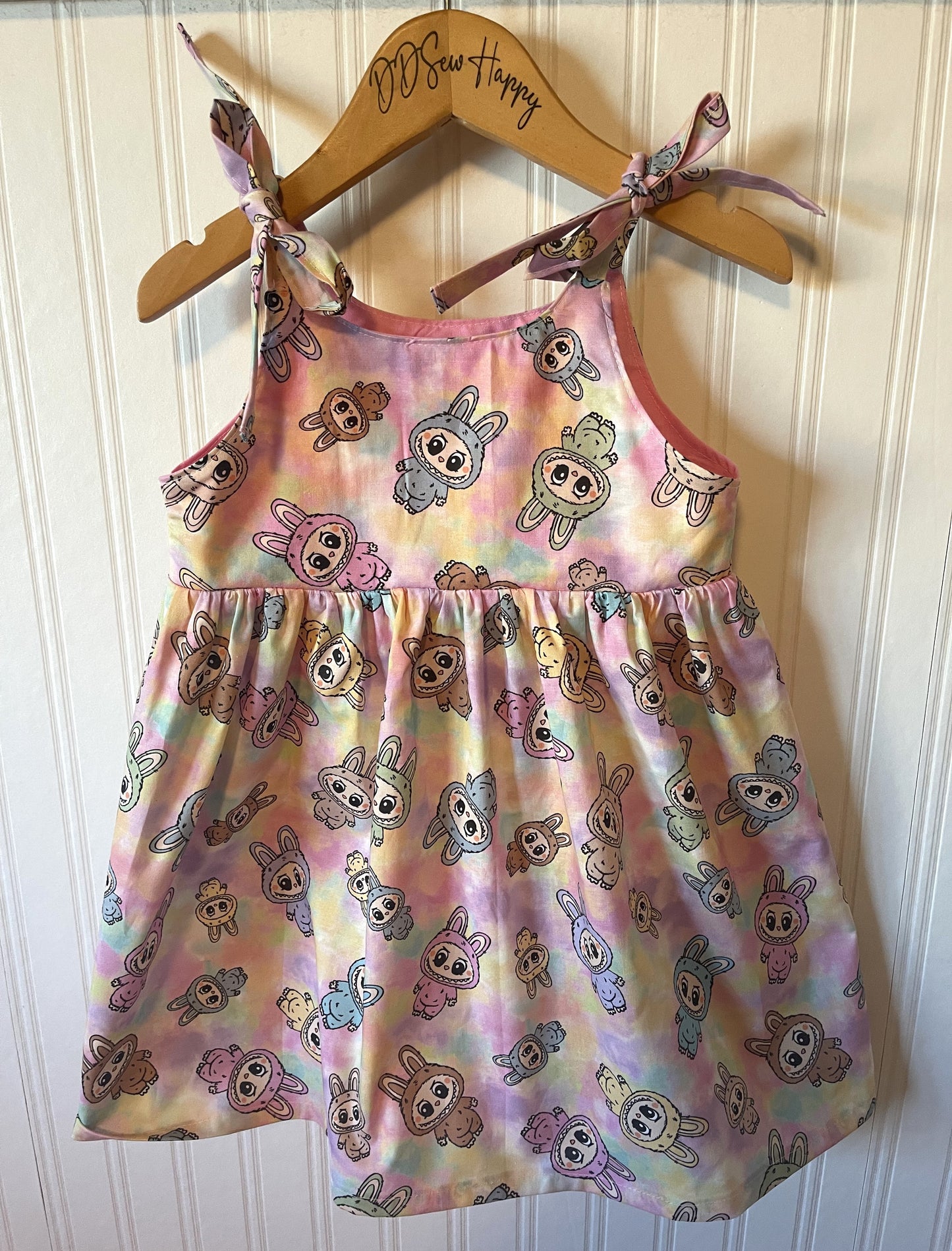 Girls and Toddlers Labubu Monsters Doll Anime Boho Style Sundress with Shoulder Ties