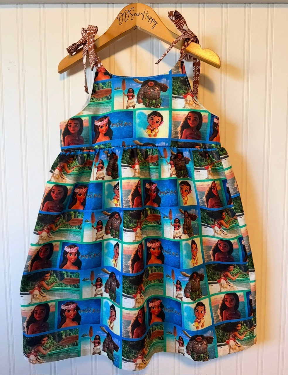 Girls and Toddlers MOANA CARTOON SCENES Boho Style Sundress with Shoulder Ties