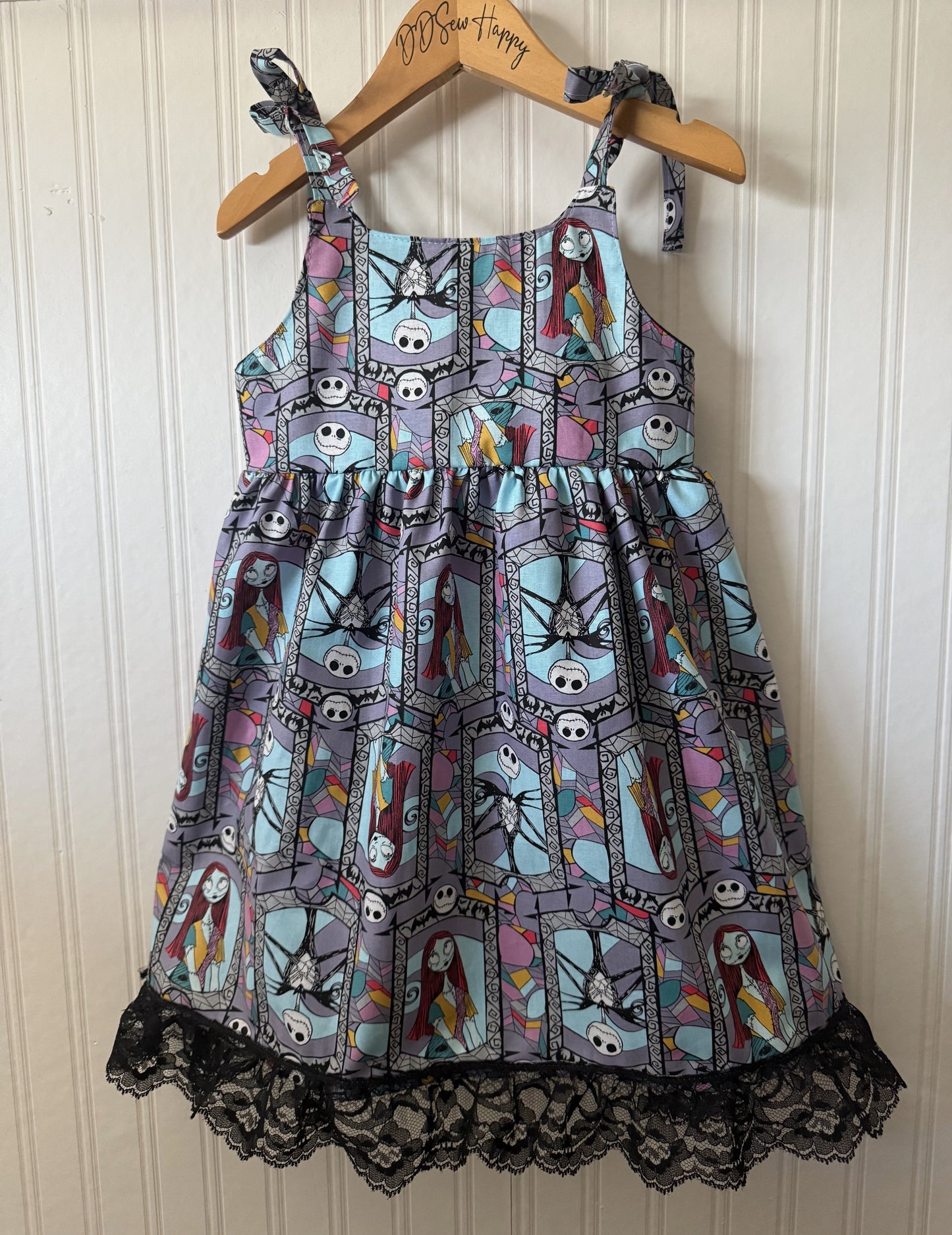 Girls and Toddlers NIGHTMARE BEFORE CHRISTMAS JACK, SALLY STAIN GLASS with BLACK LACE HEM Boho Style Sundress with Shoulder Ties