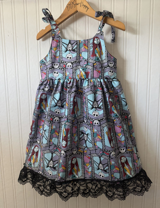 Girls and Toddlers NIGHTMARE BEFORE CHRISTMAS JACK, SALLY STAIN GLASS with BLACK LACE HEM Boho Style Sundress with Shoulder Ties