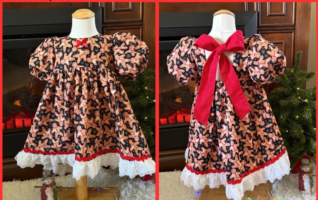 Girls and Toddlers CHRISTMAS GINGERBREAD MAN Vintage Babydoll style dress with puff sleeves, bow on the back