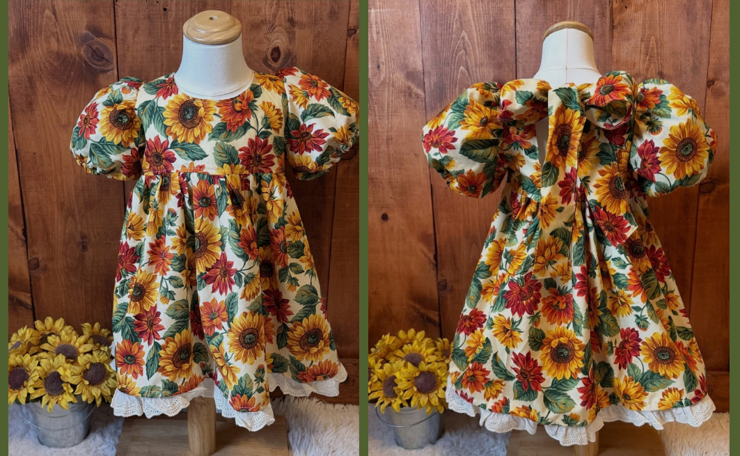 Girls and Toddlers SUNFLOWERS Vintage Babydoll style dress with puff sleeves, bow on the back