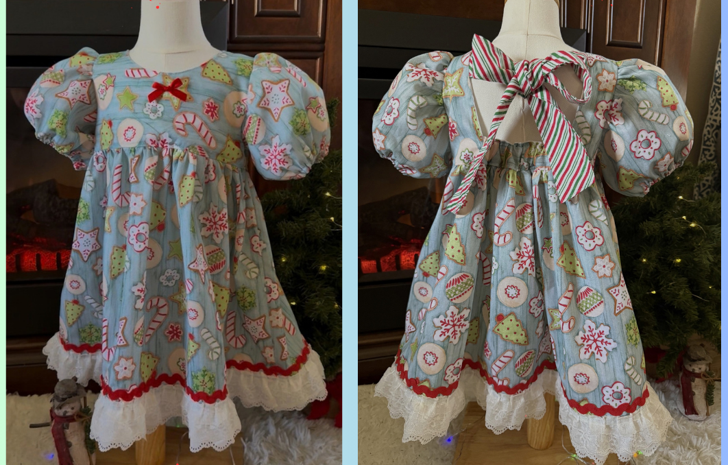 Girls and Toddlers CHRISTMAS COOKIES Light blue Vintage Babydoll style dress with puff sleeves, bow on the back