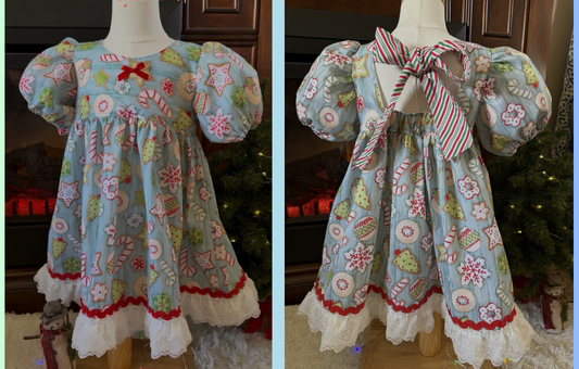 Girls and Toddlers CHRISTMAS COOKIES Light blue Vintage Babydoll style dress with puff sleeves, bow on the back