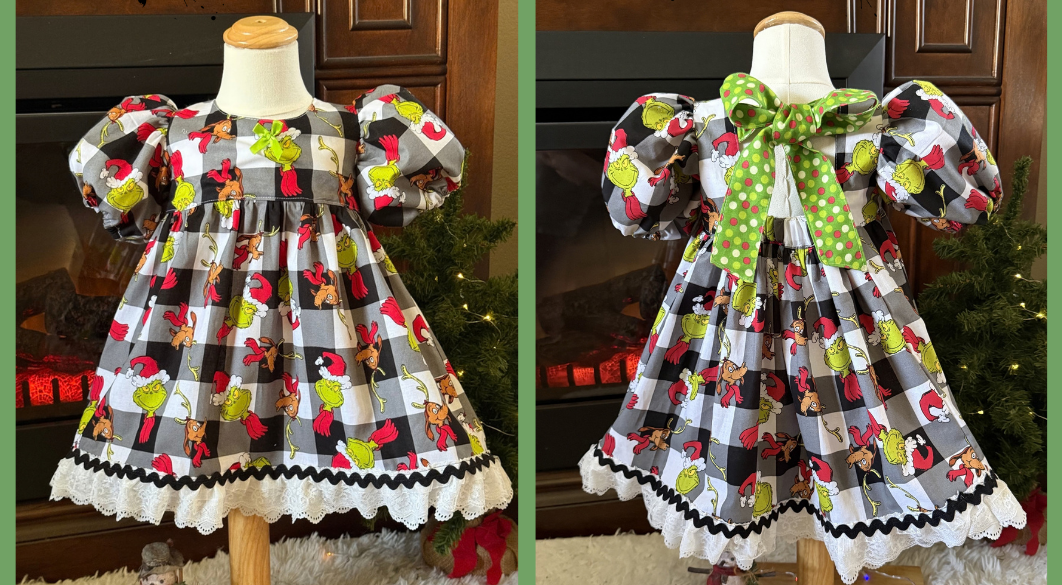 Girls and Toddlers CHRISTMAS HOW THE GRINCH STOLE CHRISTMAS BUFFALO CHECK Vintage Babydoll style dress with puff sleeves, bow on the back