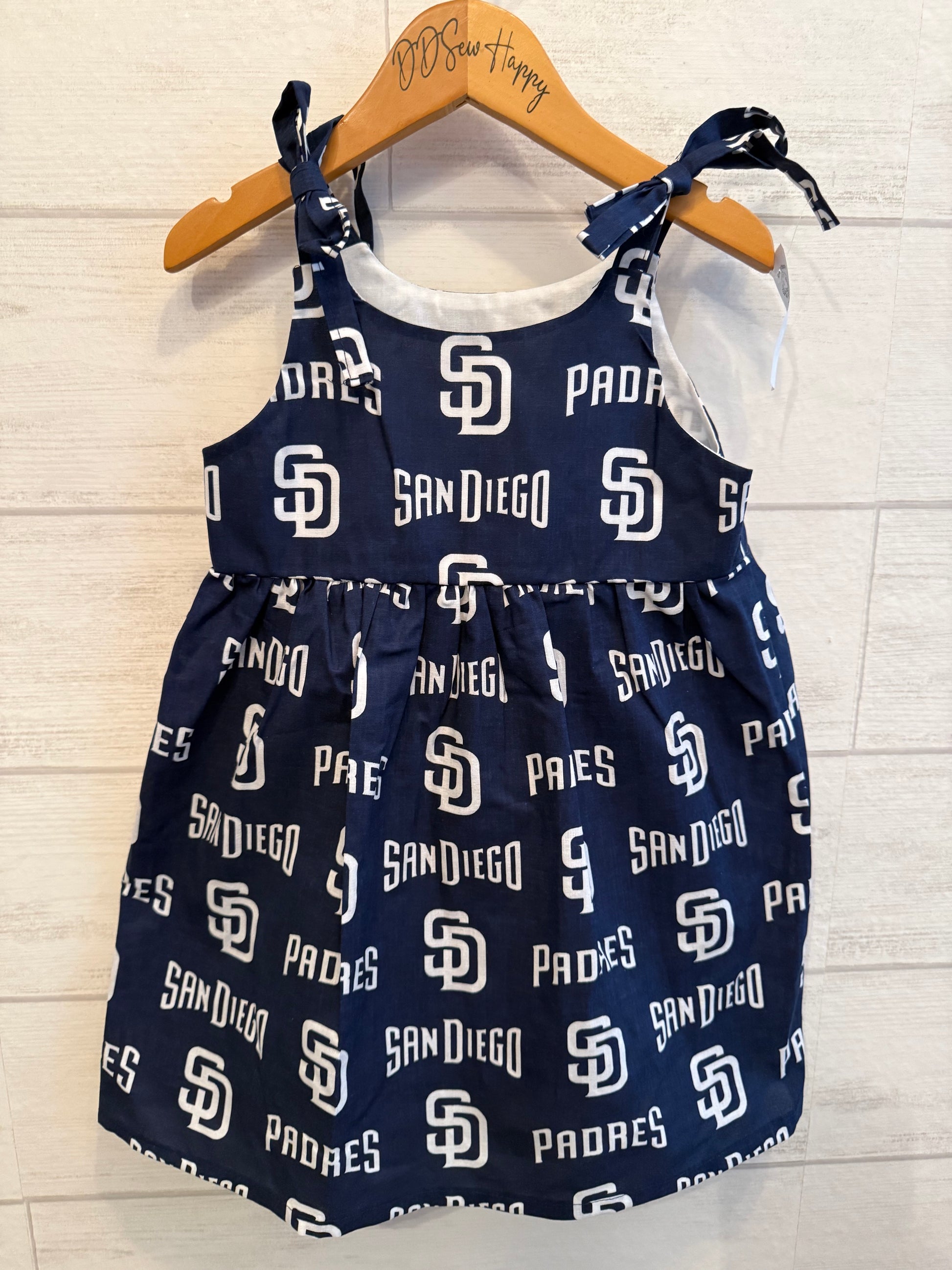 Girls and Toddlers SAN DIEGO PADRES RETRO BLUE BASEBALL Boho Style Sundress with Shoulder Ties