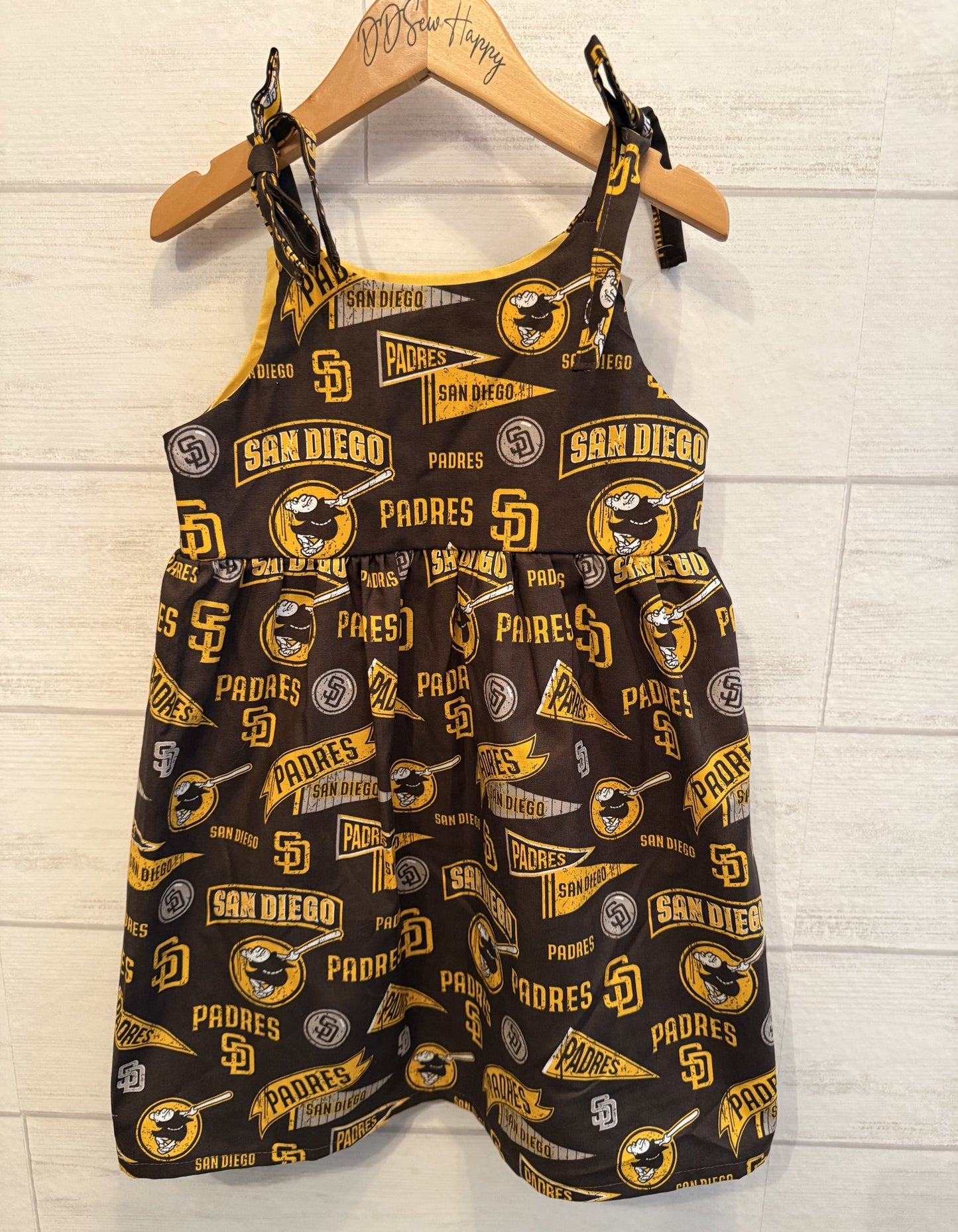 Girls and Toddlers SAN DIEGO PADRES BROWN GOLD PENNANTS BASEBALL Boho Style Sundress with Shoulder Ties