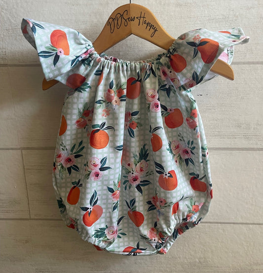 Infant & Toddler Girl's Boho PEACHES ORANGES GREEN PLAID Style One Piece Romper Sunsuit