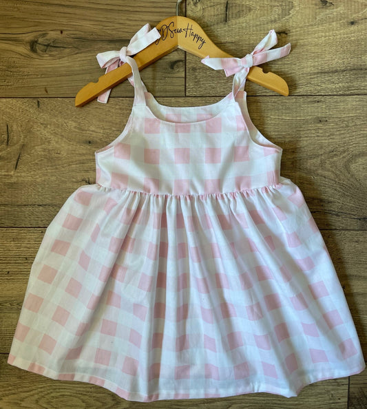 Girls and Toddlers Pink and White Check Boho Style Sundress with Shoulder Ties