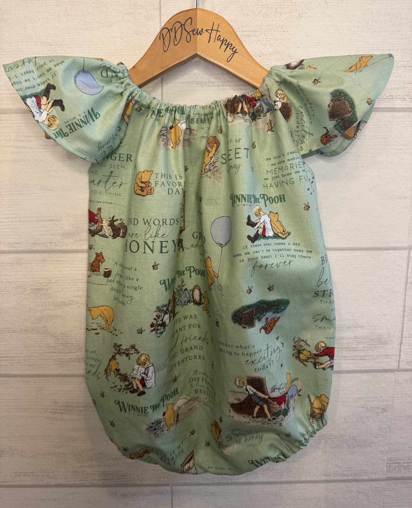 Infant & Toddler Girl's CLASSIC WINNIE THE POOH BOOK QUOTES GREEN Boho Style One Piece Romper