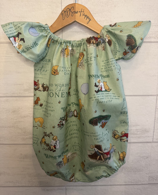 Infant & Toddler Girl's CLASSIC WINNIE THE POOH BOOK QUOTES GREEN Boho Style One Piece Romper