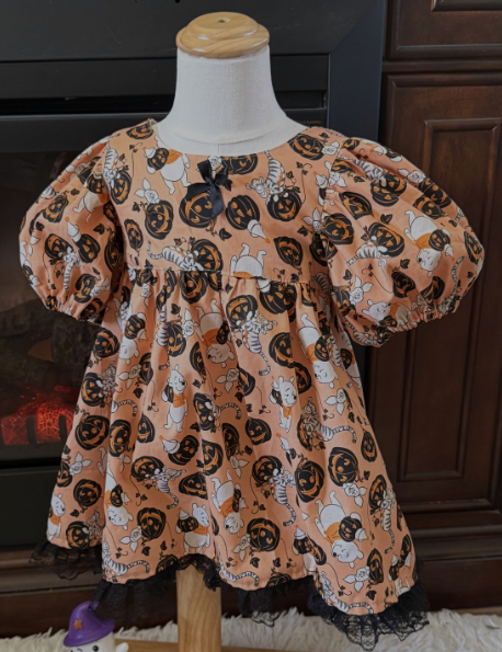 Girls and Toddlers Halloween Winnie the Pooh, Tigger & Piglet Vintage Babydoll style dress with puff sleeves