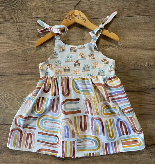 Girls and Toddlers RAINBOW NATURAL ABSTRACT Boho Style Sundress with Shoulder Ties