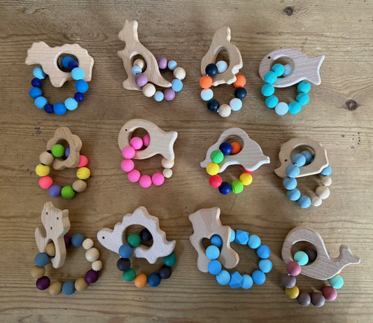 SALE Baby Natural Wood SHEEP, WHALE, KANGAROO, PENGUIN, FOX, FLOWERS, CAR Teethers Sensory Toys