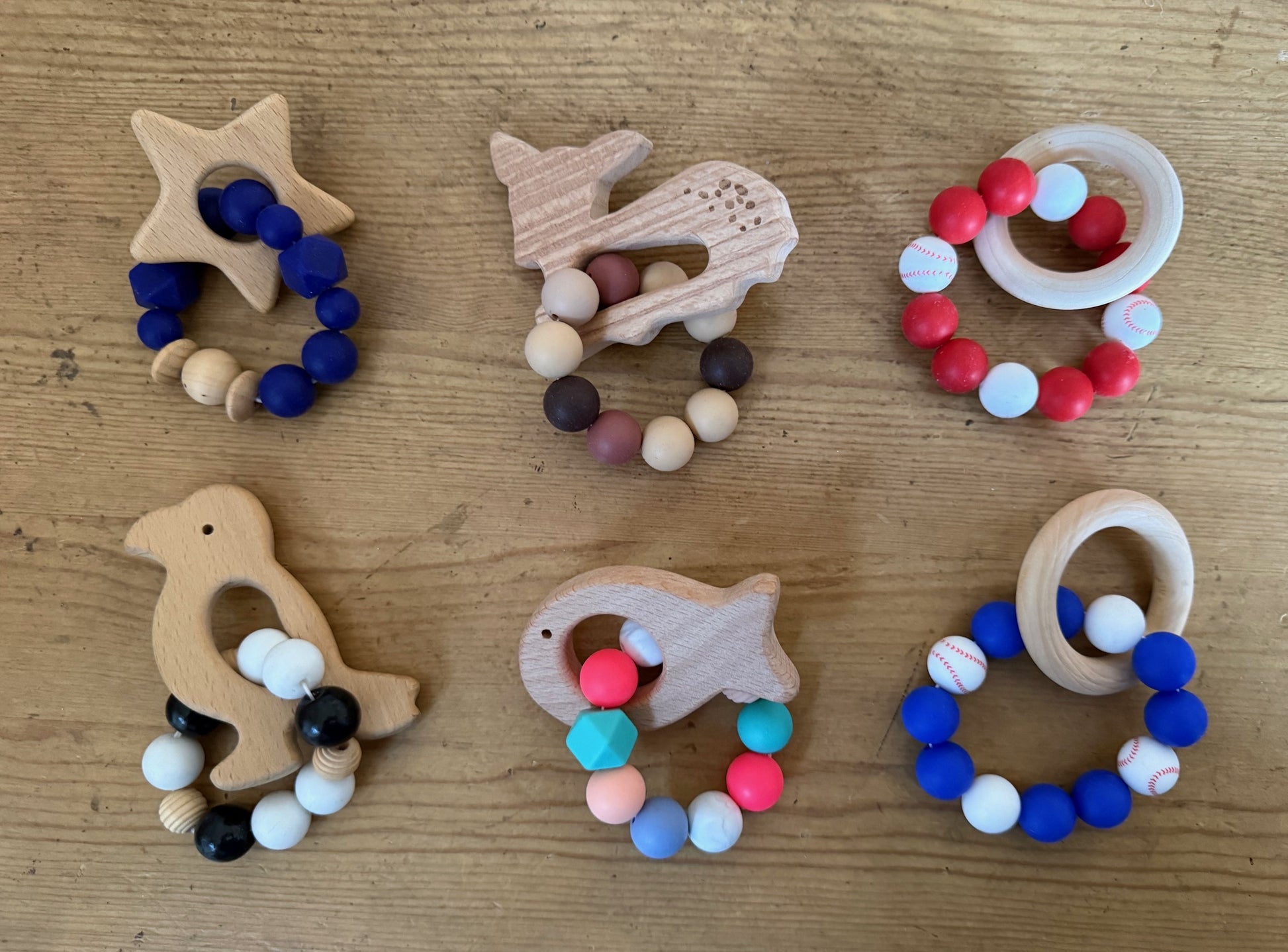 SALE Baby Natural Wood STAR, DEER, RED BASEBALL, BLUE BASEBALL, PENGUIN, FISH Teethers Sensory Toys