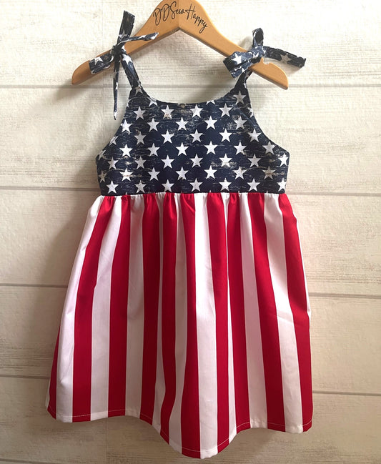 Girls and Toddlers PATRIOTIC USA STARS & STRIPES Boho Style Sundress with Shoulder Ties 