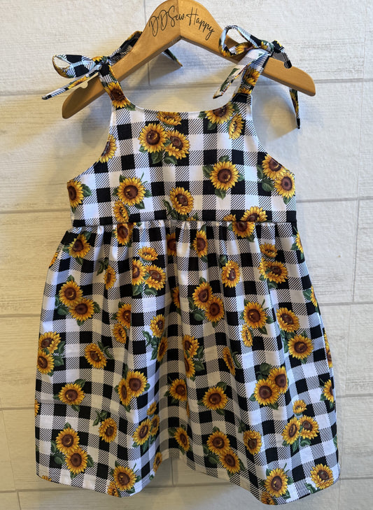 Girls, Infants and Toddlers SUNFLOWERS BUFFLAO CHECK Boho Style Sundress with Shoulder Ties