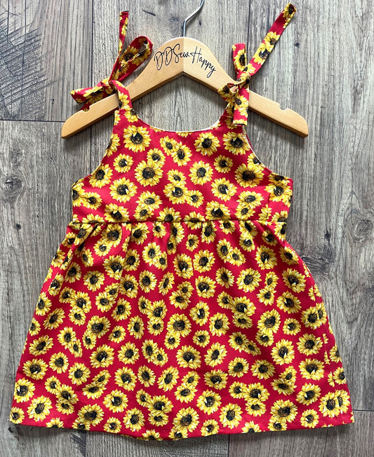 Girls, Infants and Toddlers SUNFLOWERS RED Boho Style Sundress with Shoulder Ties