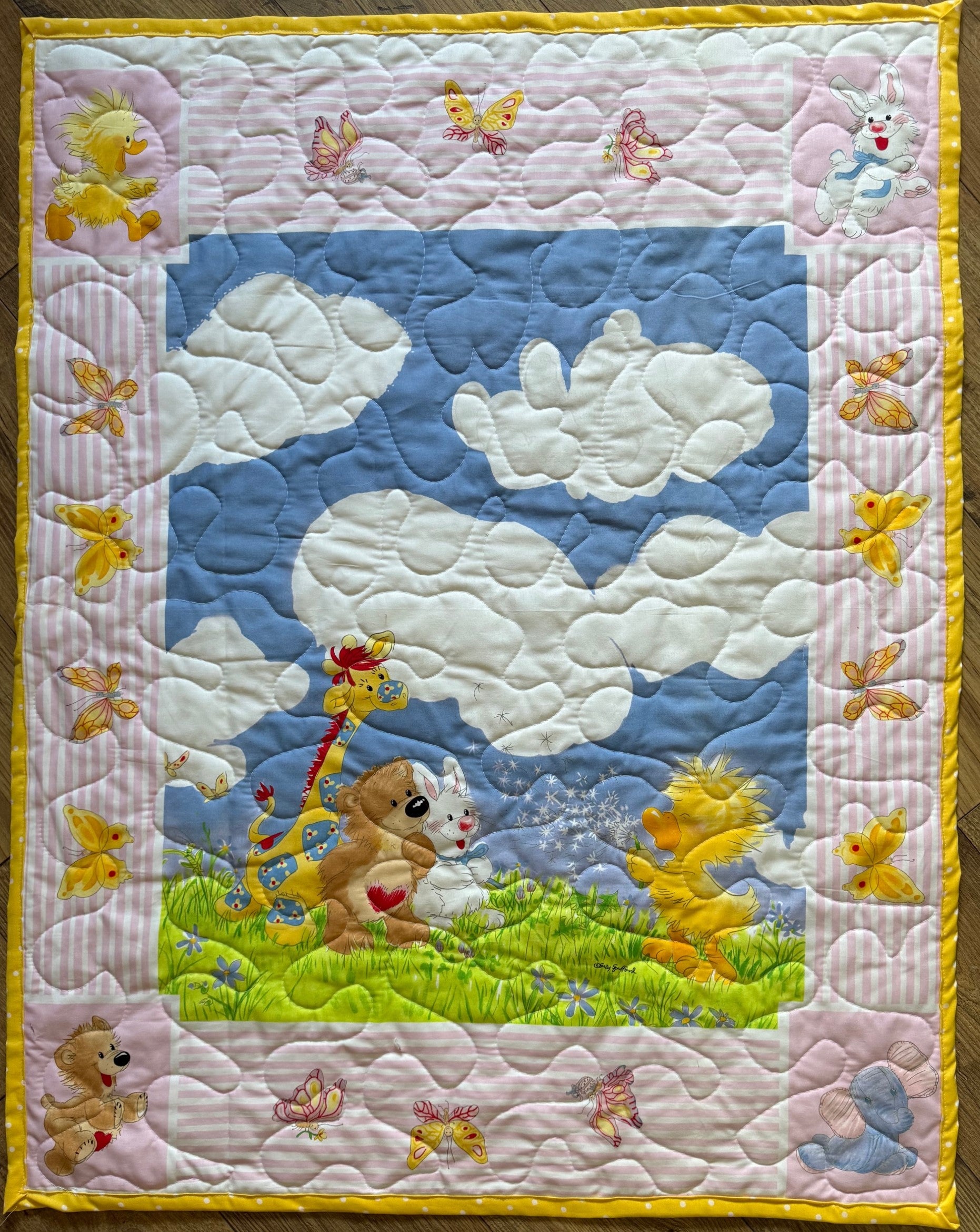 Springtime Baby Animals Butterflies and Dandelion fun Quilted Blanket