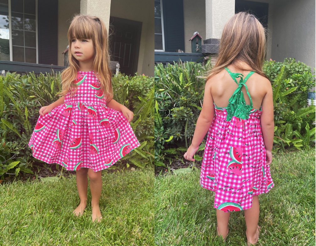 Girls Infant Watermelon picnic with ants red checked Boho Sundress Dress tie back style