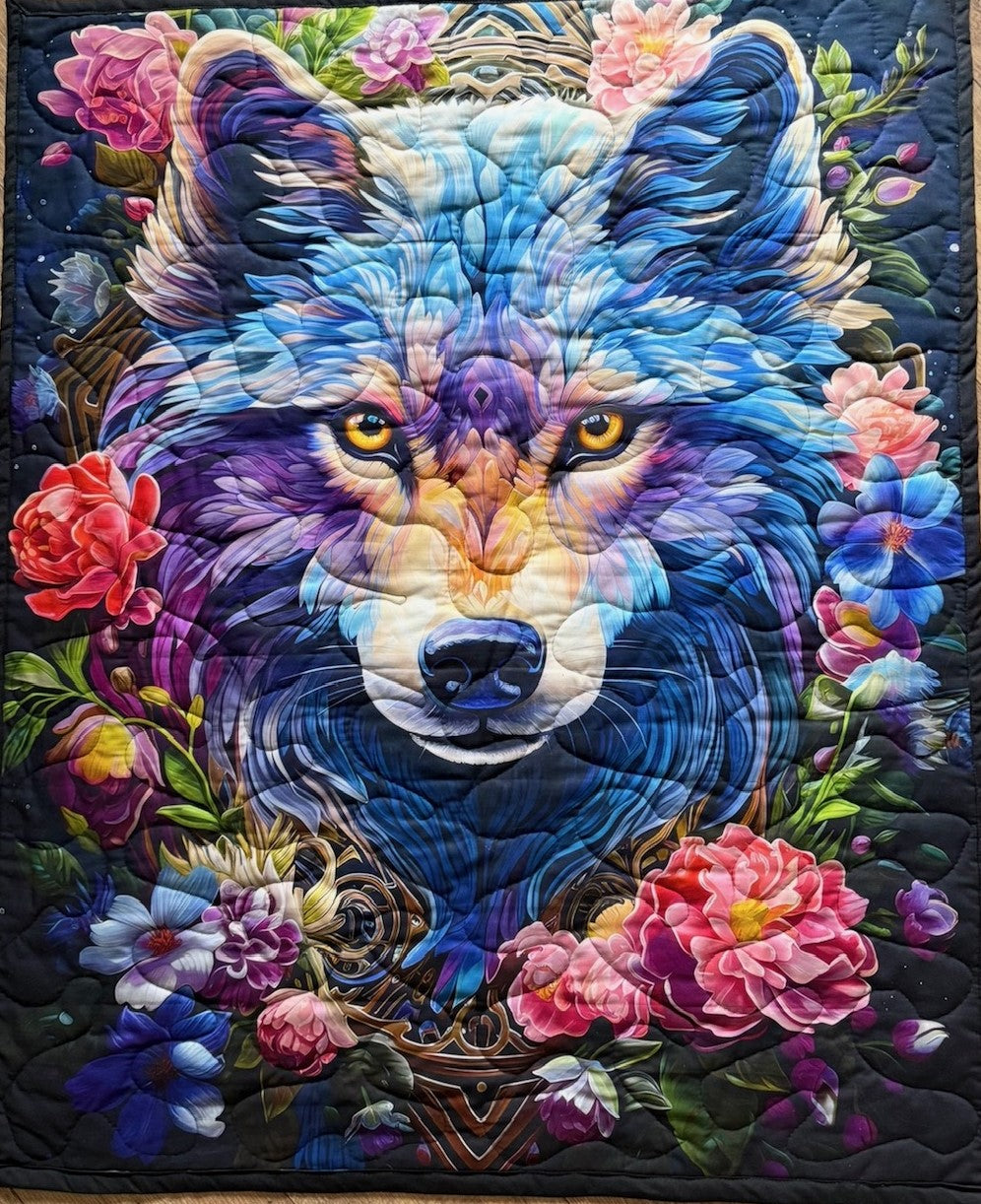 BRIGHT & BEAUTIFUL WOLF IN FLOWER GARDEN QUILTED BLANKET