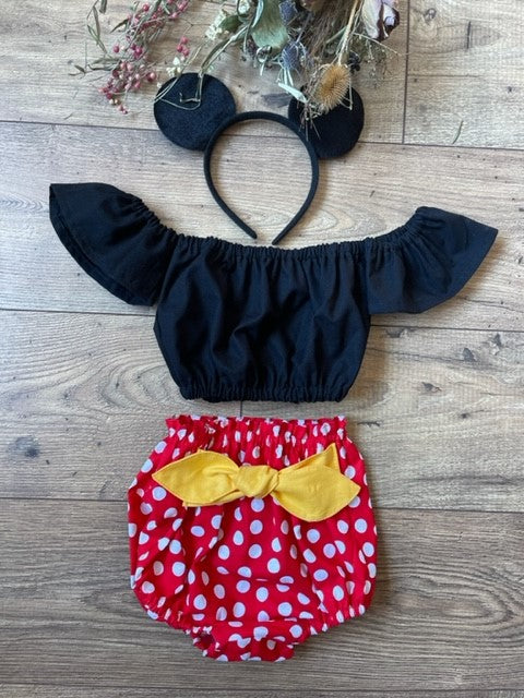 Infant Toddler Girls 2 Piece Minnie Mouse Inspired Boho Style Outfit Black Off the Shoulder Top Red White Bloomers Diaper Cover