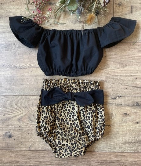 Infant Toddler Girls 2 Piece Cheetah Boho Style Outfit Black Off the Shoulder Top Cheetah Bloomers Diaper Cover