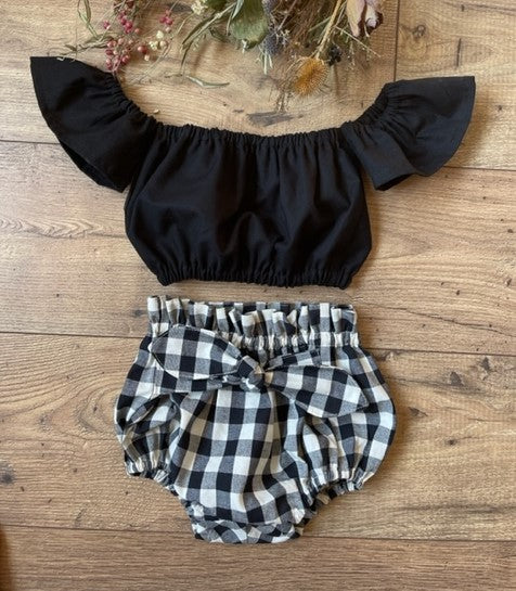 Girls Infant Toddler 2 Piece Buffalo Check Boho Style Outfit Black Off the Shoulder Top Buffalo Check Bloomers Diaper Cover