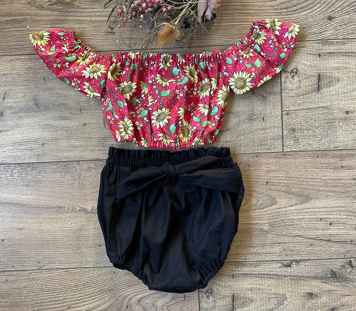 Girls Infant Toddler 2 Piece Floral Sunflowers Red Boho Style Outfit Off the Shoulder Top Black Bloomers Diaper Cover
