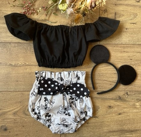 Infant Toddler Girls 2 Piece Mickey Mouse Steamboat Willie Inspired Boho Style Outfit Black Off the Shoulder Top & Bloomers Diaper Cover