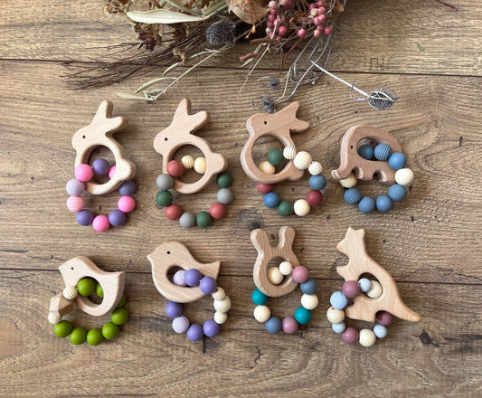 Wood Teethers with Silicone Beads Sensory Toys, Bunnies, Elephant, Birds, Bunny Ears & Kangaroo