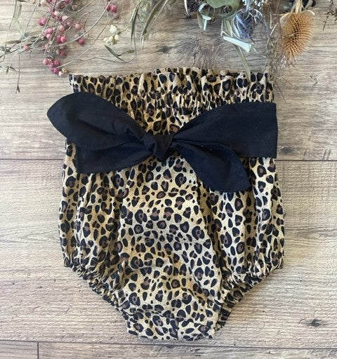 Infant Toddler Girls 2 Piece Cheetah Boho Style Outfit Black Off the Shoulder Top Cheetah Bloomers Diaper Cover