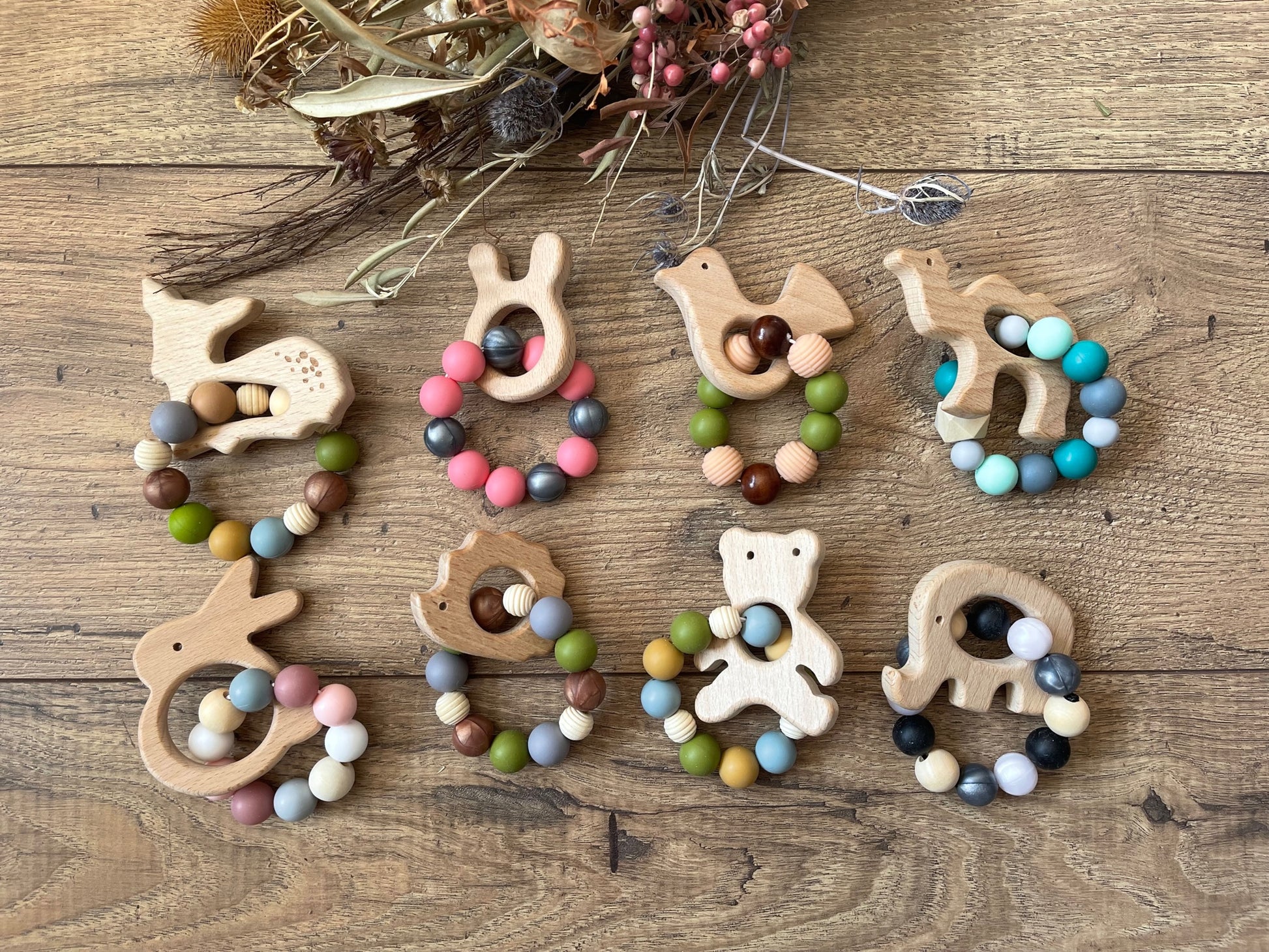 Wooden Teethers with Silicone Beads Sensory Toys, Deer, Bunny Ears, Bird, Camel, Bunny, Porcupine, Bear & Elephant