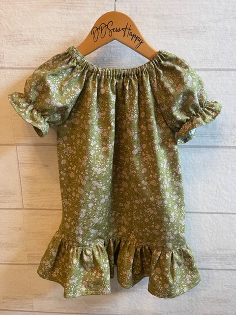 Girls Peasant Boho Style Green Tan Floral Dress with puffy short sleeves bottom ruffle